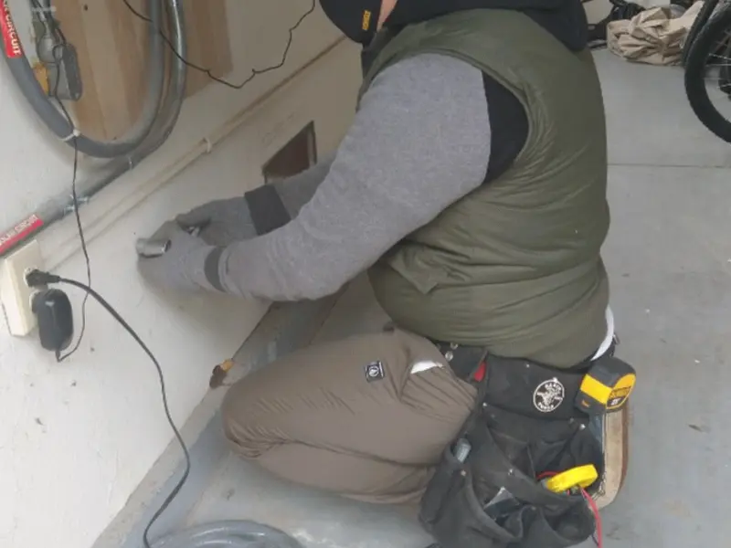 Electrician performing outlet wiring in a Oasis garage